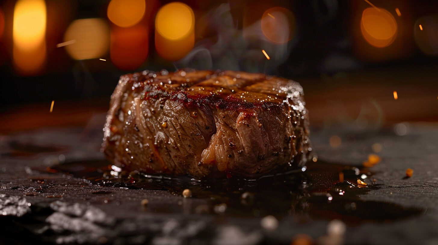 A steak searing on a lava stone at Lot 88